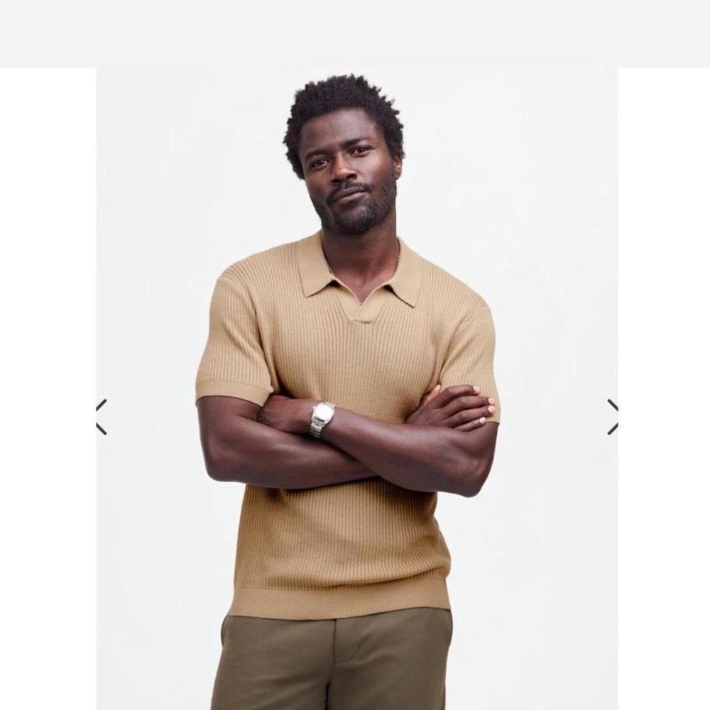 Madewell Open-Stitch Johnny-Collar Sweater Polo Shirt Tan Khaki M Crochet